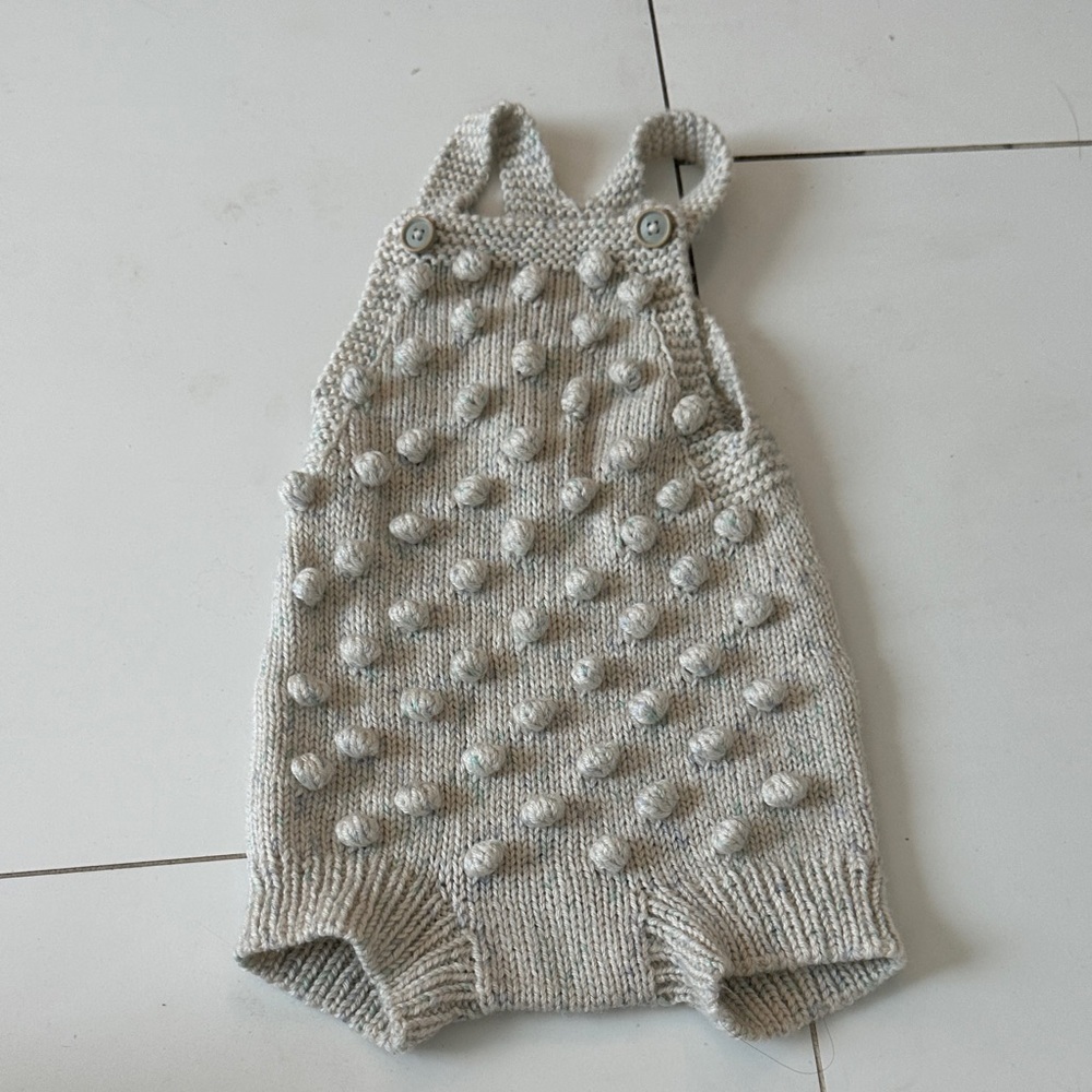 Pom Pom ivory blue Knitted Baby Romper 3/6m